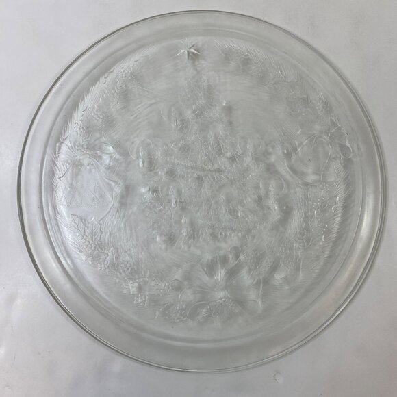 Vintage Clear Glass Christmas Tree Platter With Garlands Bows Bell Design - Picture 2 of 8